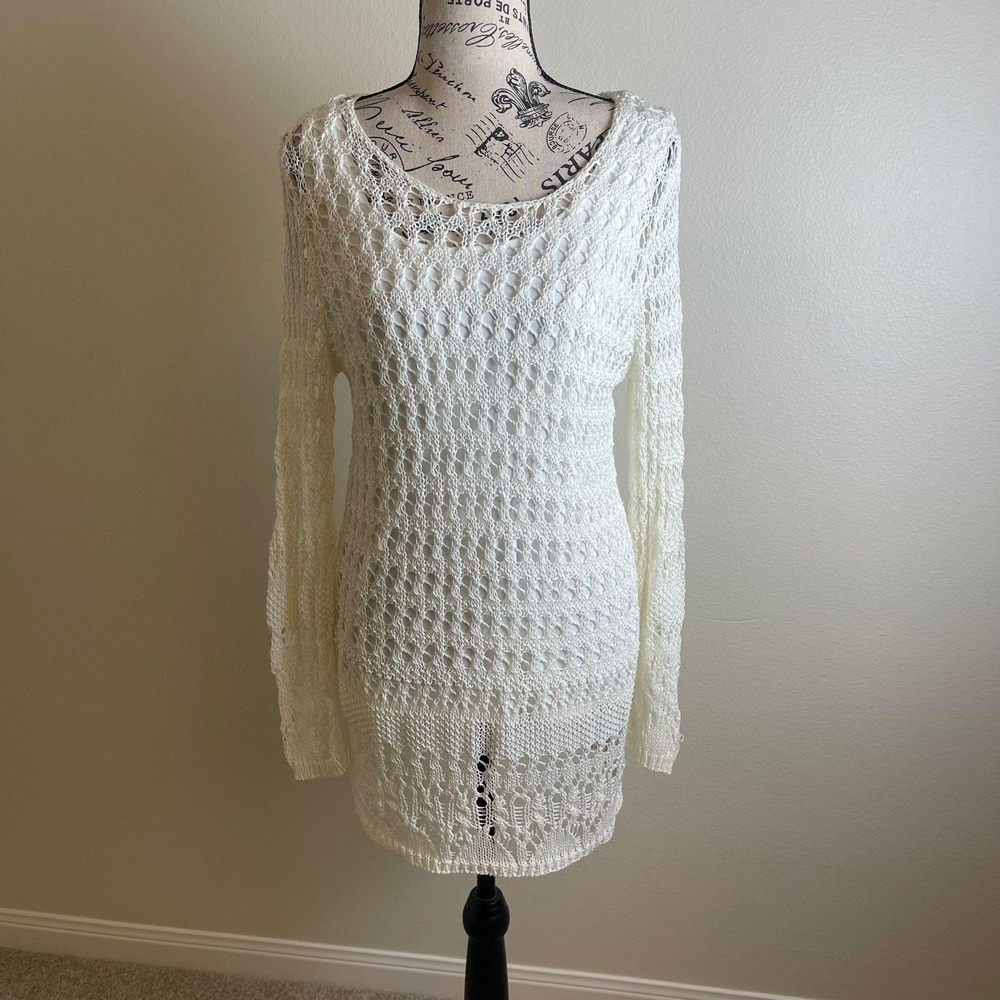 Peck & Peck Crochet Knit Long Sleeve Dress Cream White Sheer Overlay Size M - Picture 1 of 7